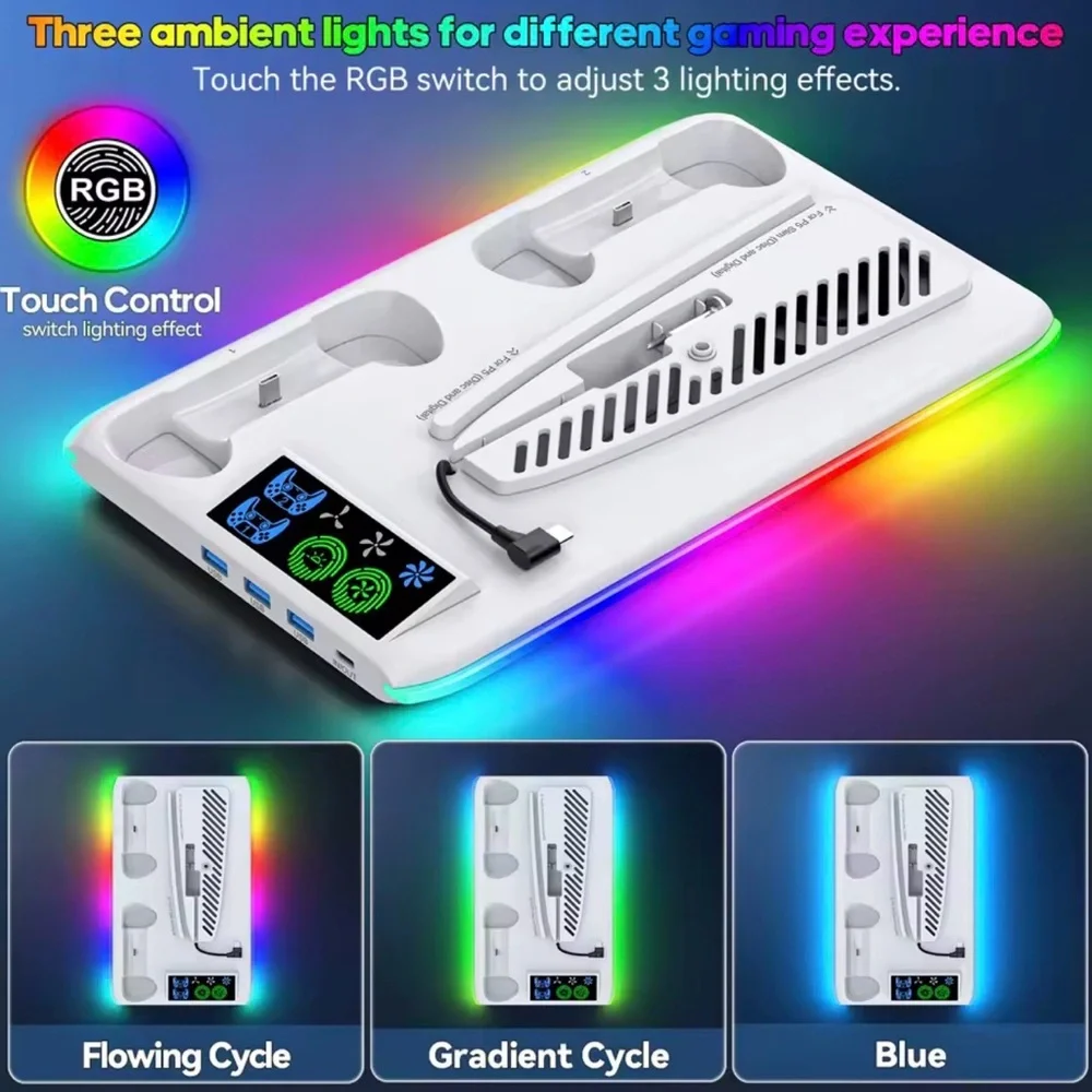 PS5 Disc Digital Slim/pro Stand Cooling Stand Dual Controller Charge Station Led